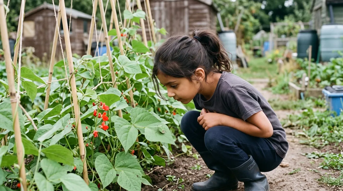 Girl looking closely at a green shield bug on a runner bean leaf on an allotment