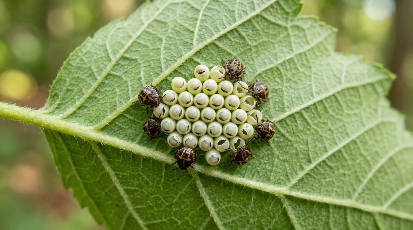 Cluster of barrel-shaped shield bug eggs and small patterned nymphs on the underside of a green leaf