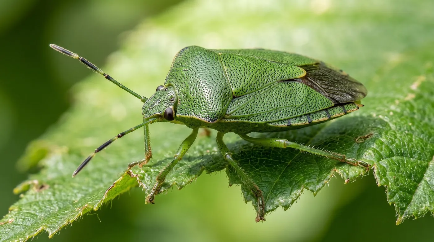 Close-up of a bright green common shield bug Palomena prasina on a green leaf showing its shield shape