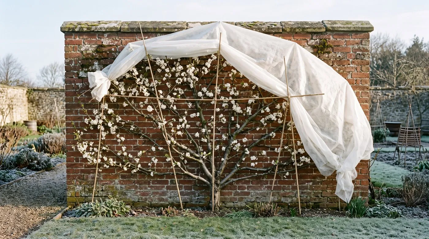 White greengage blossom on a wall-trained tree with frost fleece pulled back on a cold spring morning