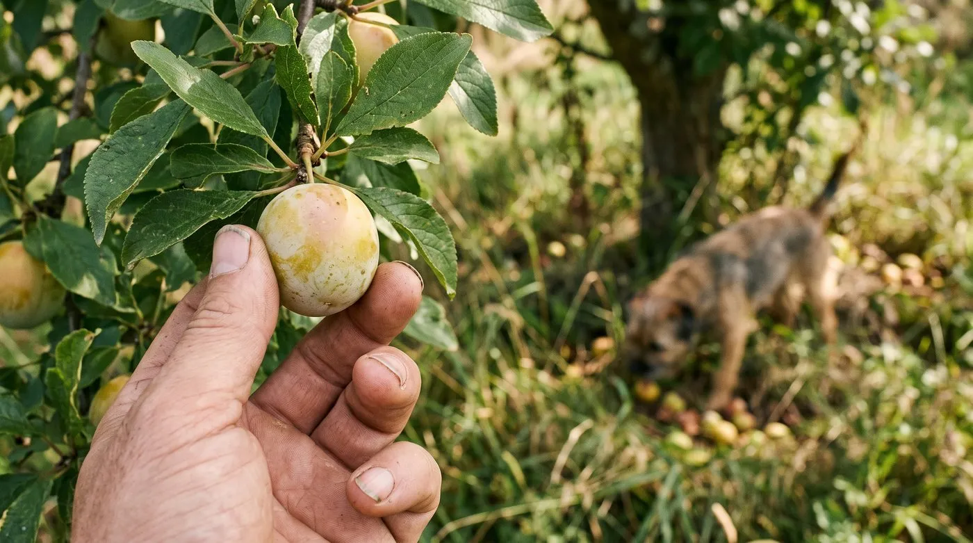Hand gently pressing a yellow-green greengage on the branch to check if it is ripe, a terrier below