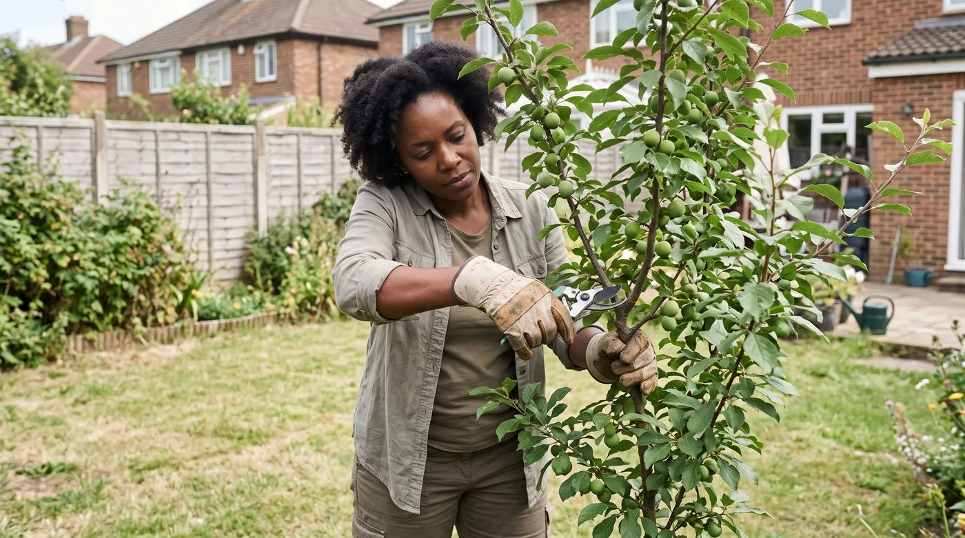 Gardener pruning a crossing branch on a young greengage tree with secateurs on a dry summer day