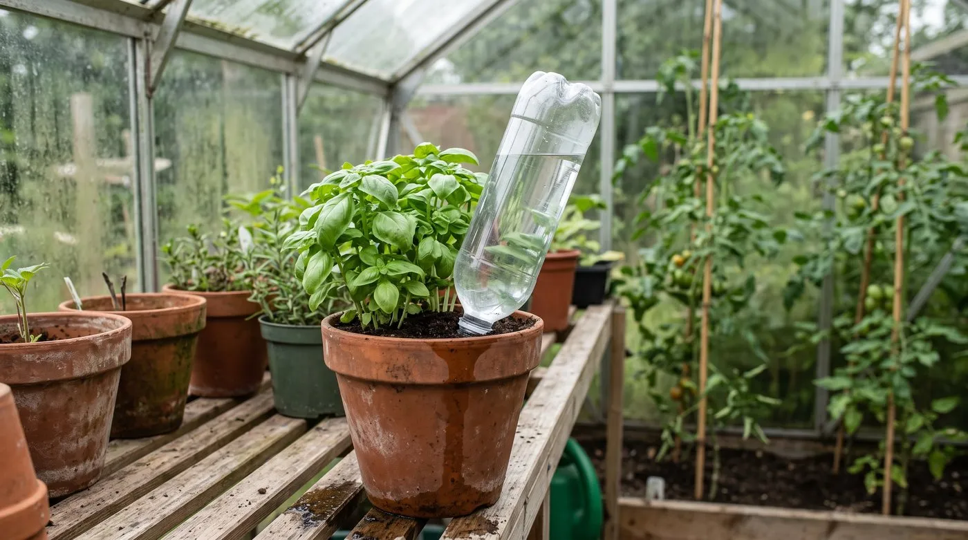 Plain plastic bottle dripper pushed upside down into a pot of basil on greenhouse staging