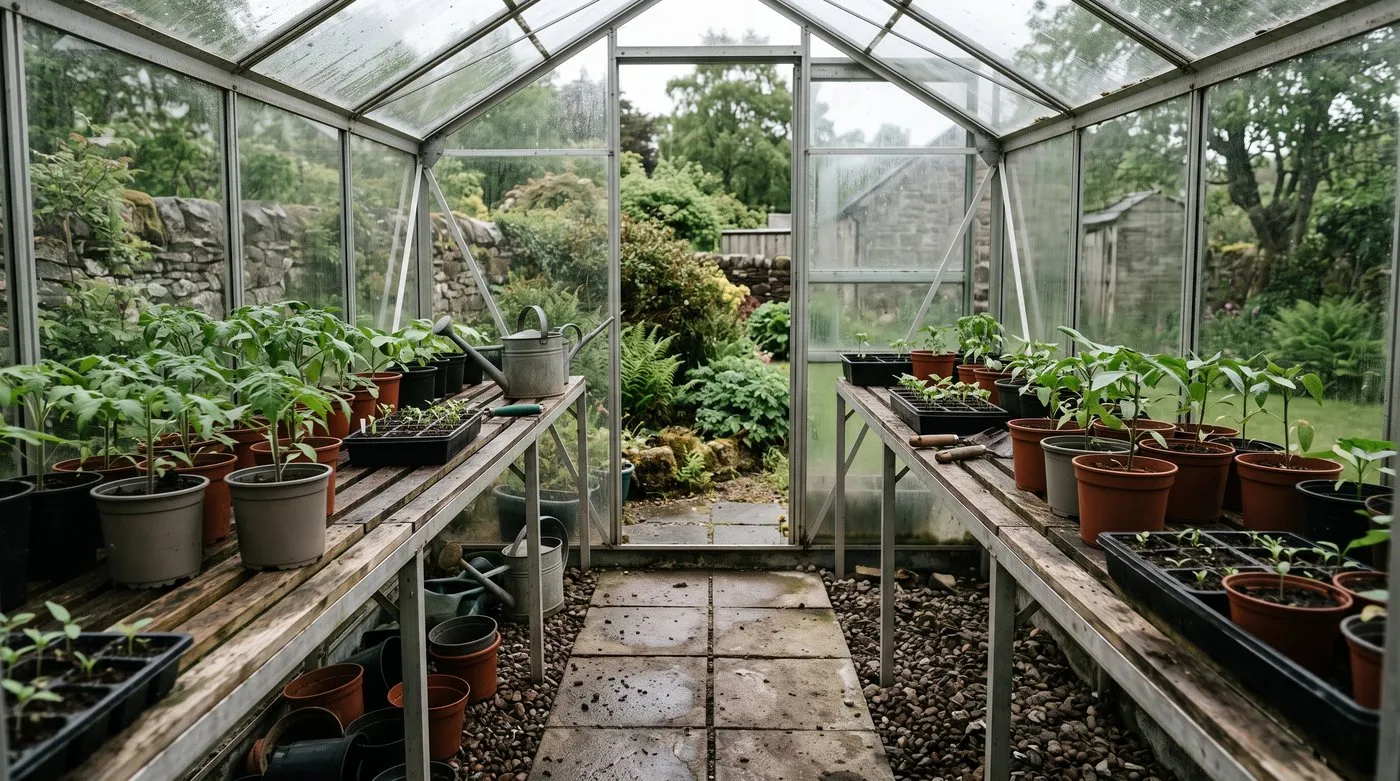 Greenhouse floor with a paved central path and pea gravel under the staging holding young plants