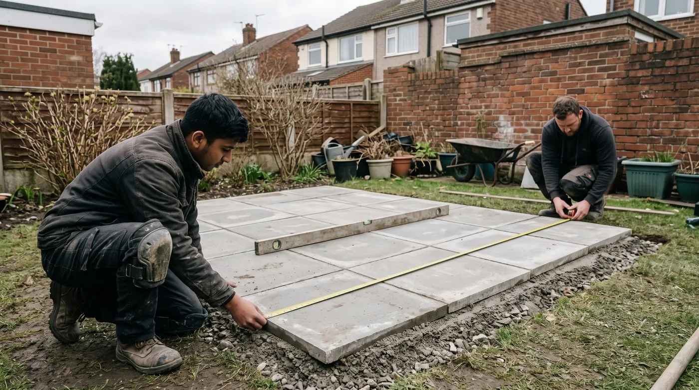 Measuring the diagonals of a paving slab greenhouse base with a tape to check it is square