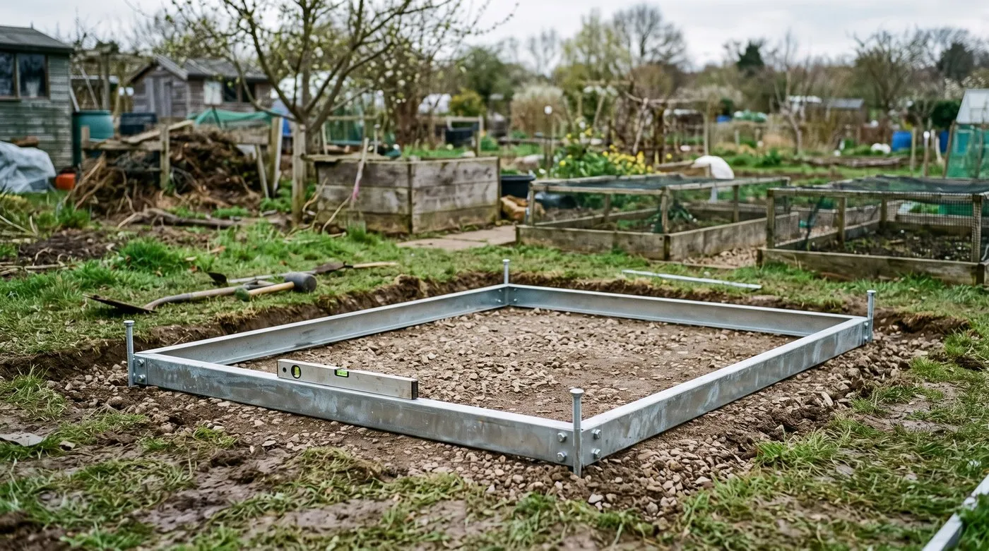 Galvanised steel greenhouse base kit pegged onto a level bed of compacted gravel on an allotment