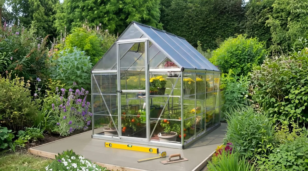 Vitavia Venus 5000 greenhouse on a level concrete base in a UK garden