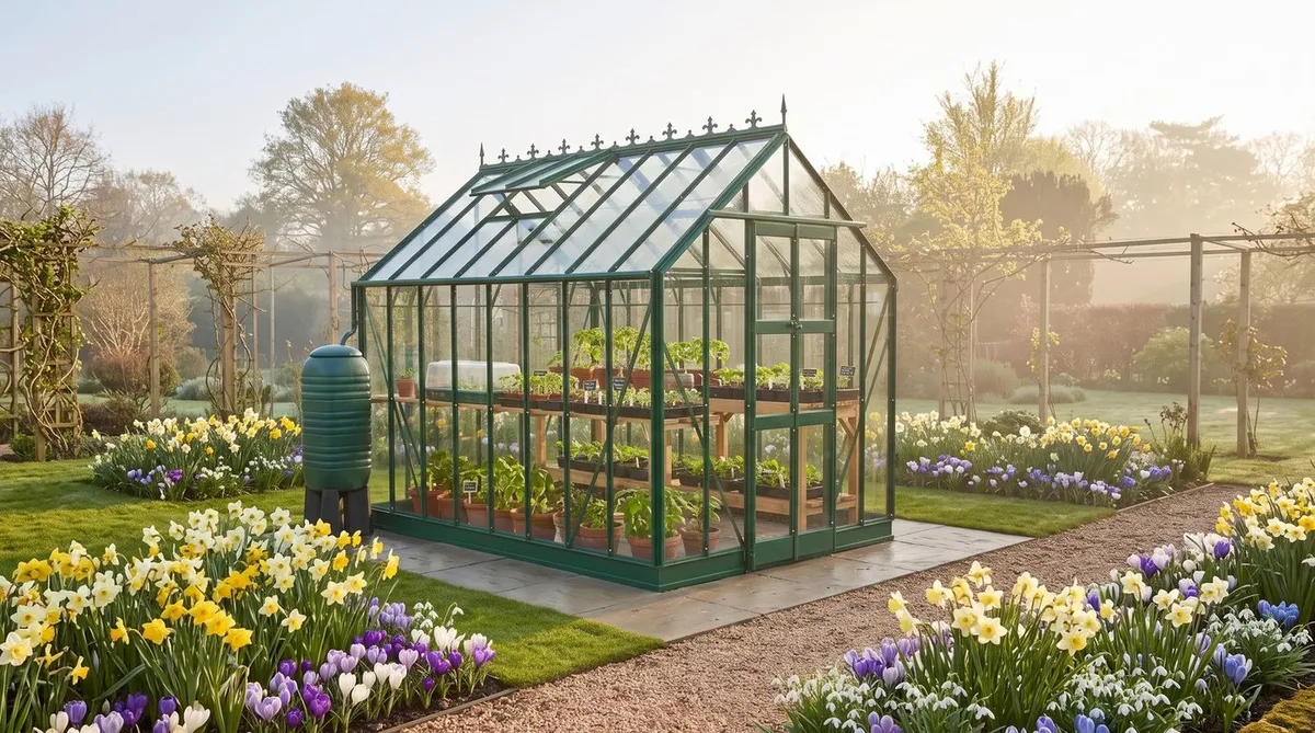 Elite Thyme greenhouse filled with seed trays in a spring garden with daffodils and crocuses