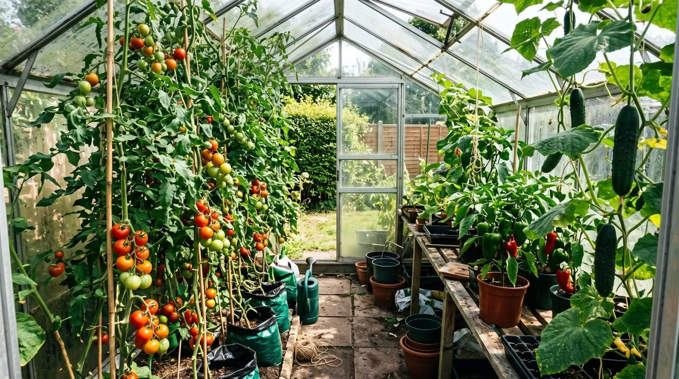 A greenhouse in full summer production with tomatoes, cucumbers and peppers