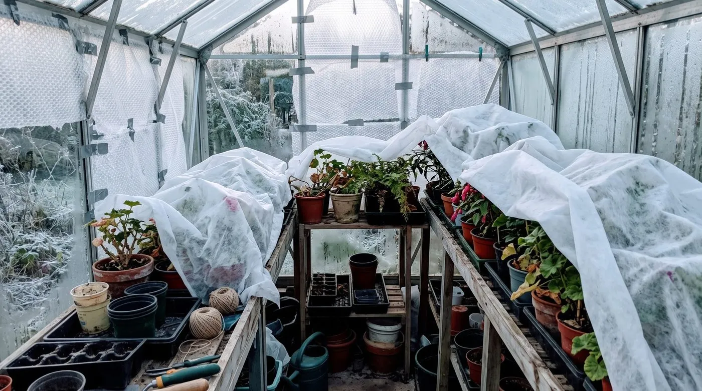 A greenhouse lined with bubble wrap and fleece-covered plants in winter