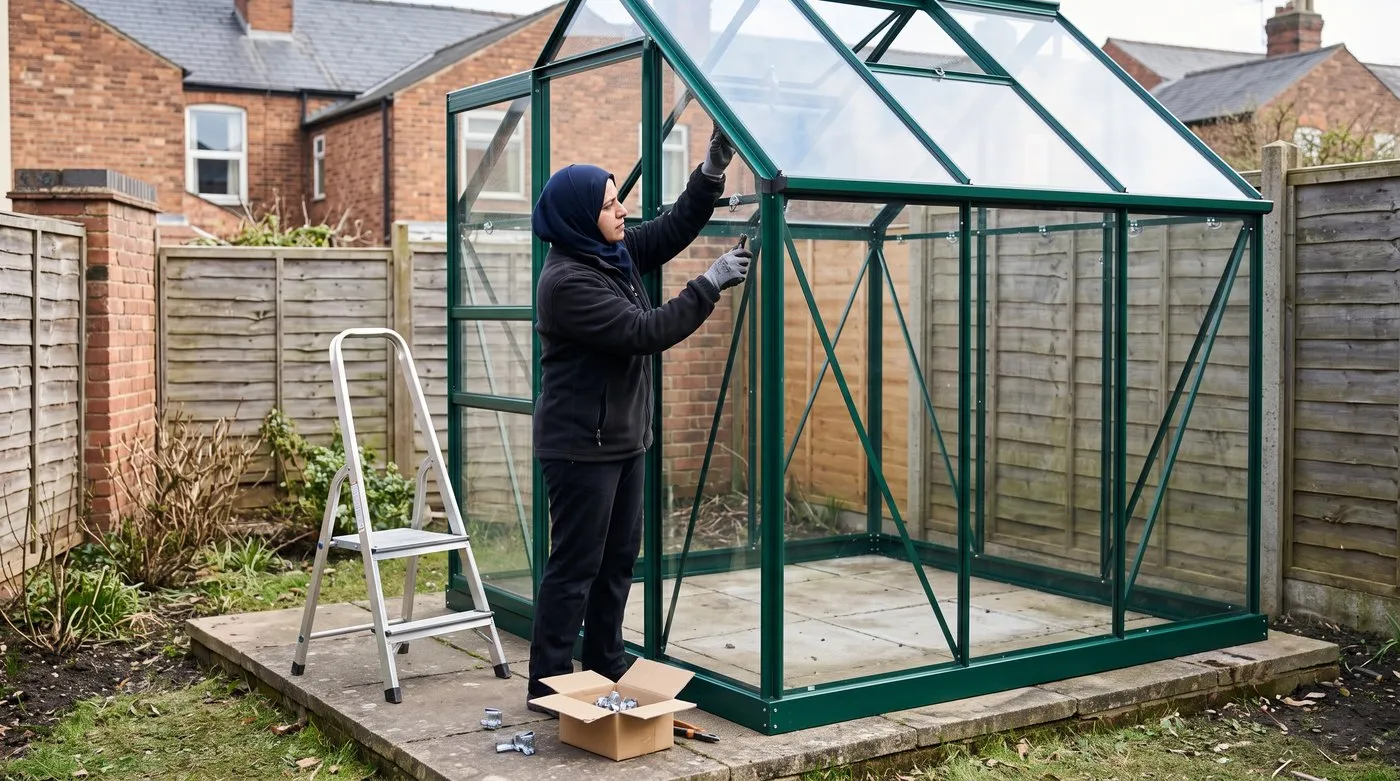 Gardener checking the roof bracing and glazing clips on a new green aluminium greenhouse