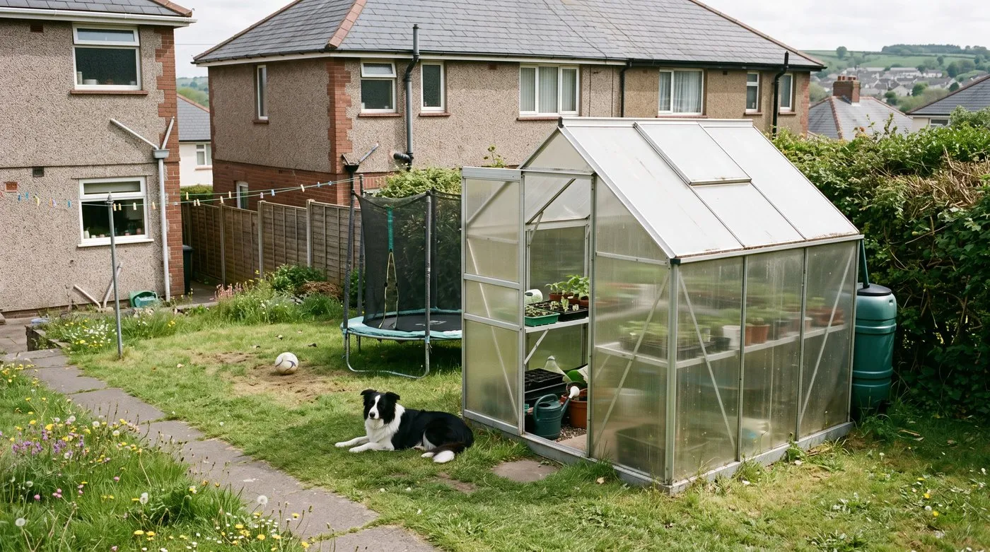 Small polycarbonate greenhouse in a family garden with a football on the lawn and a dog nearby