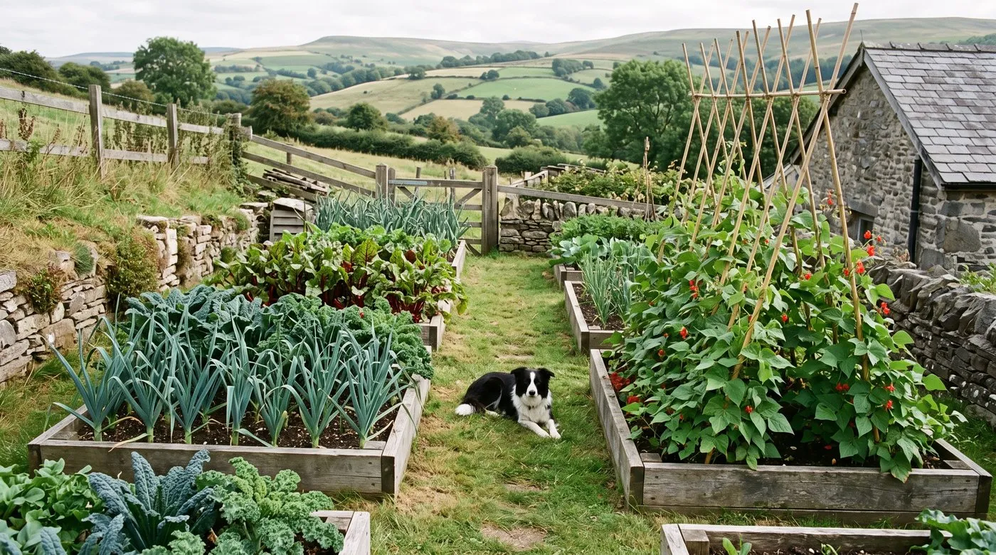Raised beds of leeks, kale, beetroot and runner beans growing outdoors with a dog on the path