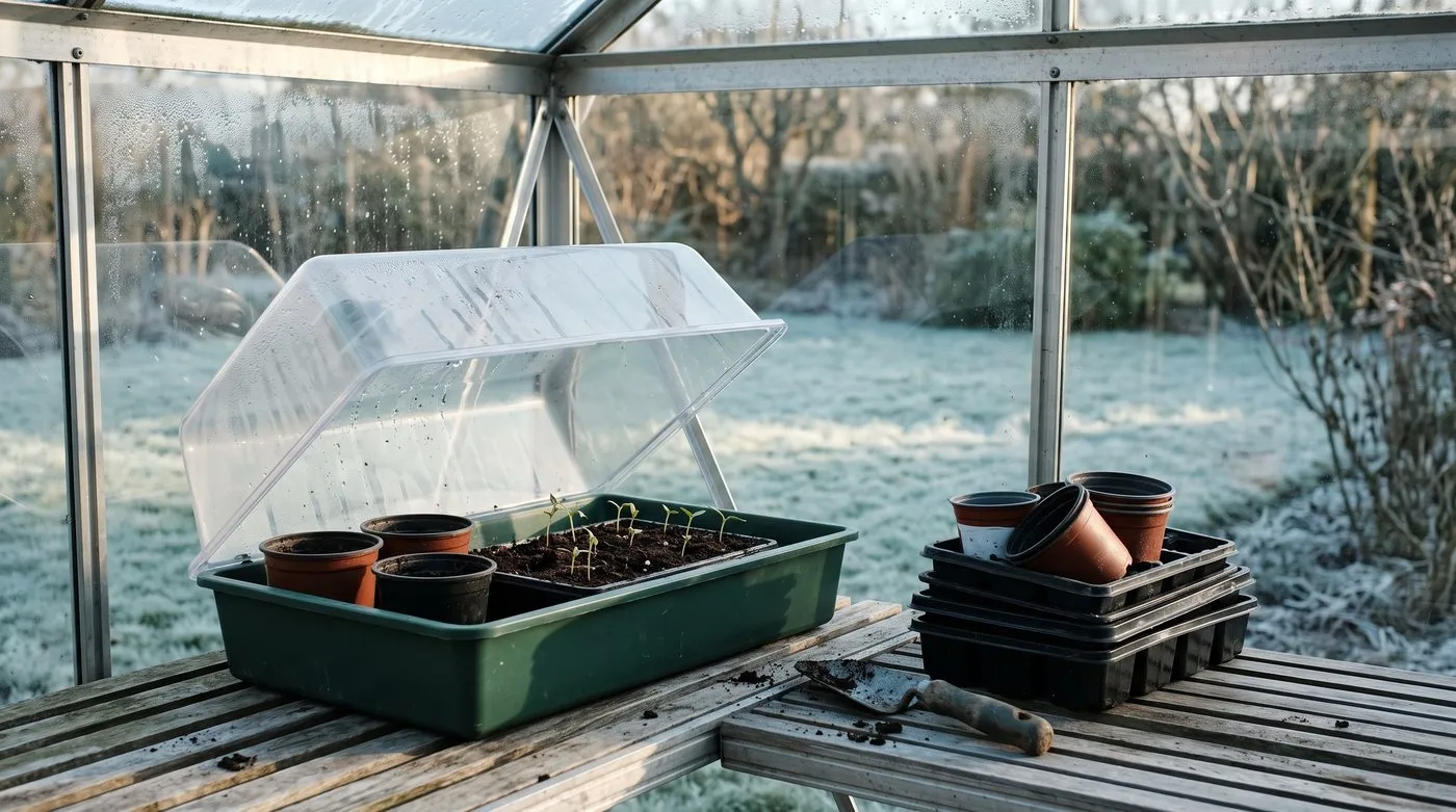 Tomato and pepper seedlings coming up in a heated propagator in a greenhouse in February