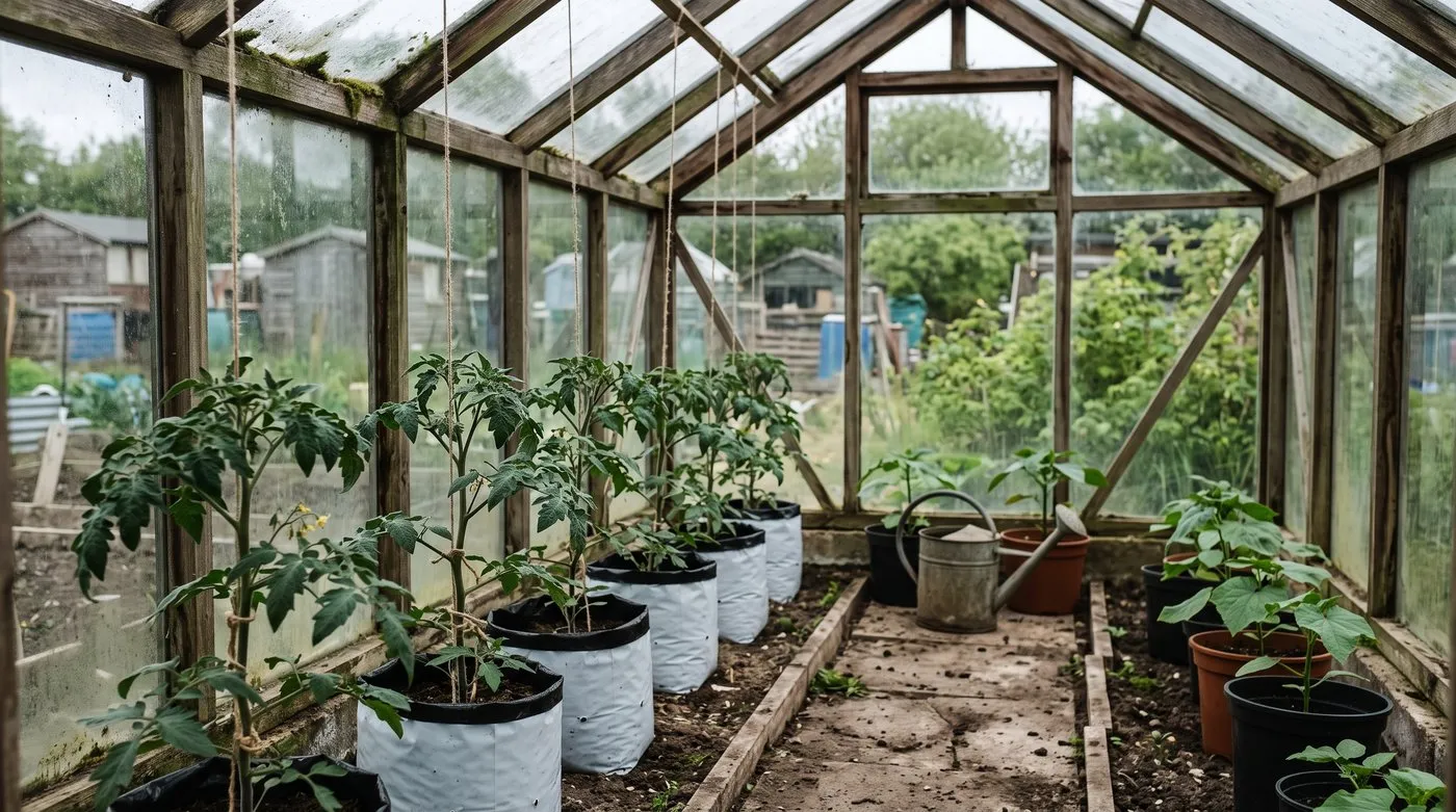 Young cordon tomatoes planted in grow bags and tied to strings inside a greenhouse in May