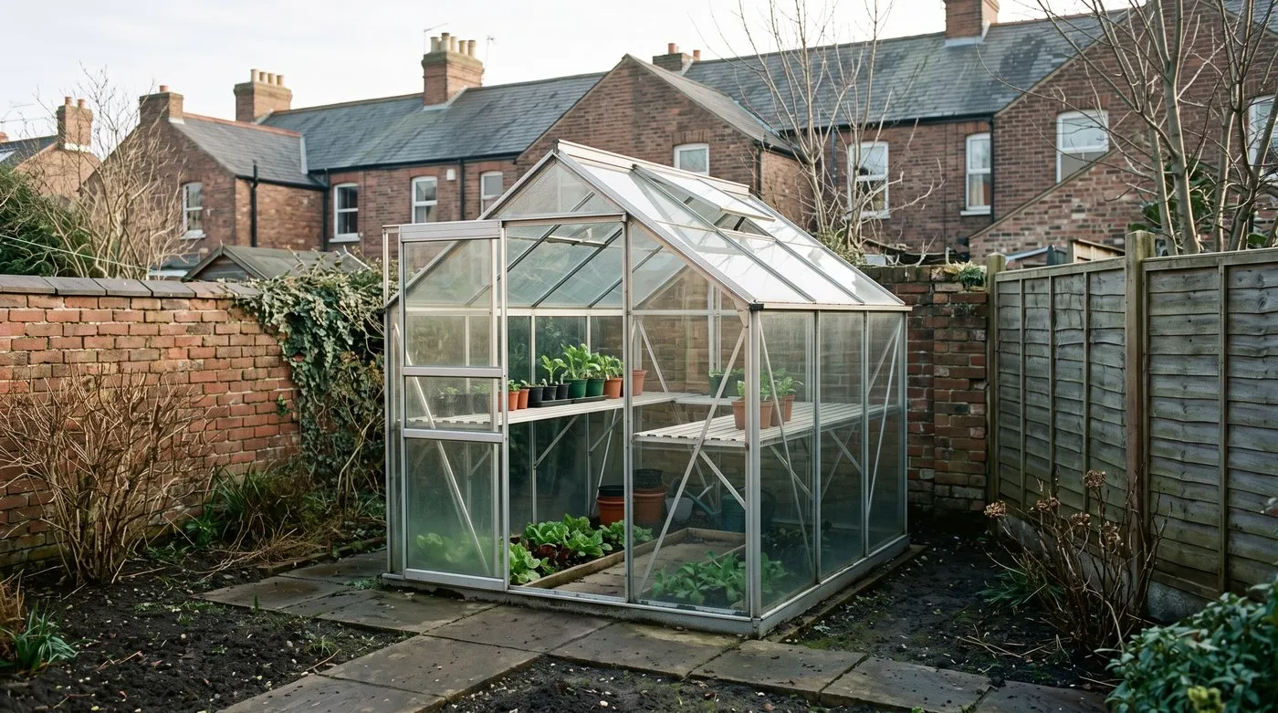 Greenhouse door left open on a mild winter day to air winter salads and broad beans inside