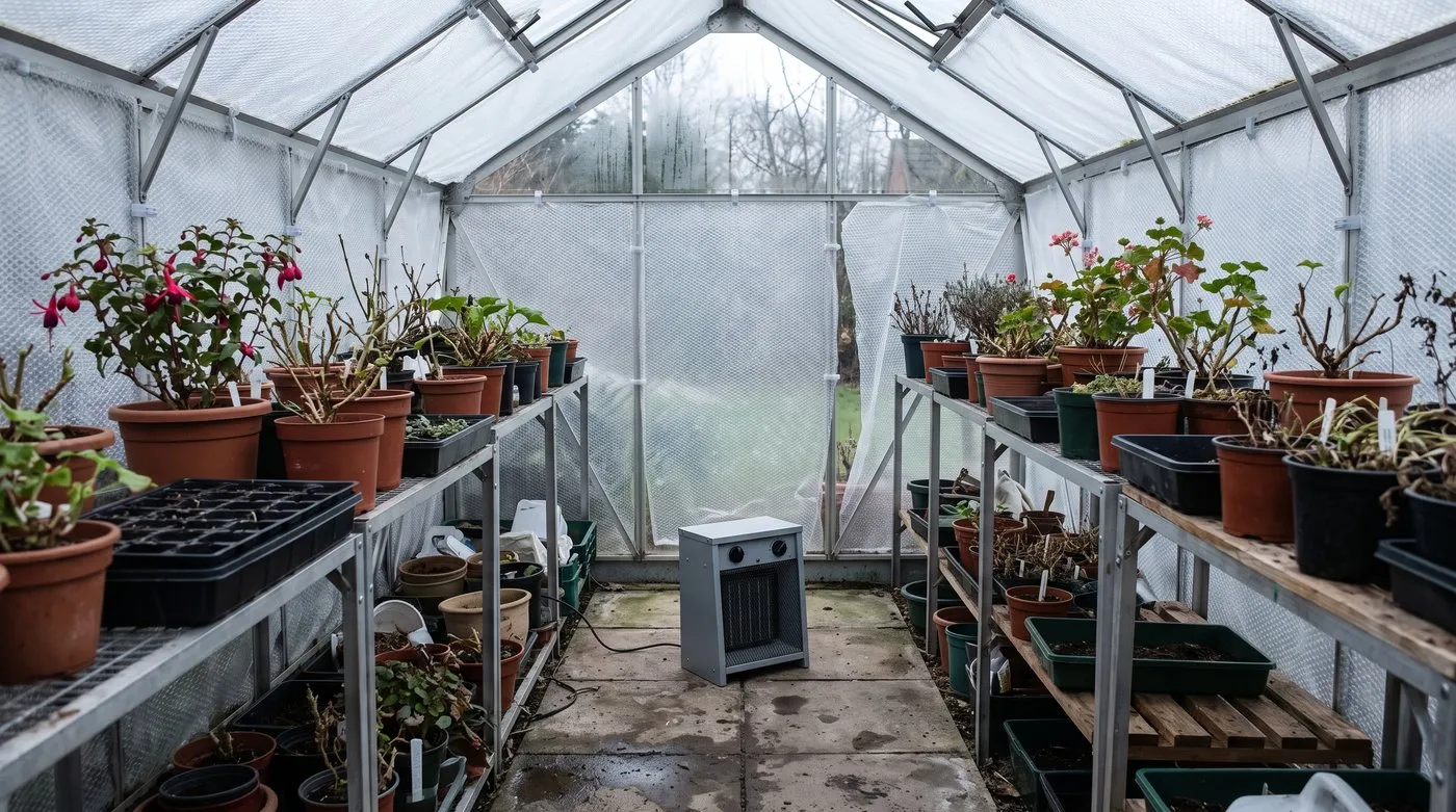 Unbranded electric fan heater placed in the middle of a greenhouse floor with space around it