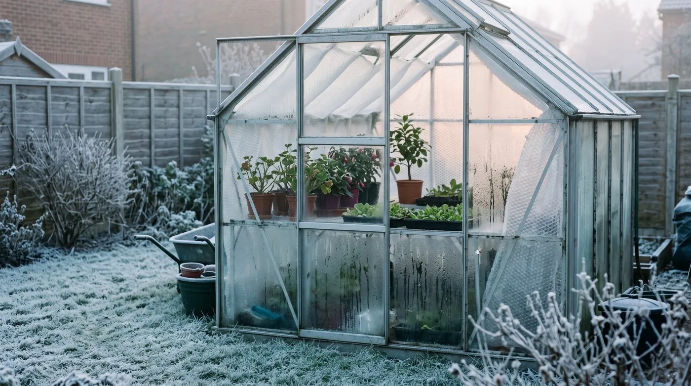 Frost-free heated greenhouse with overwintering pelargoniums, fuchsias and a lemon tree on a frosty morning