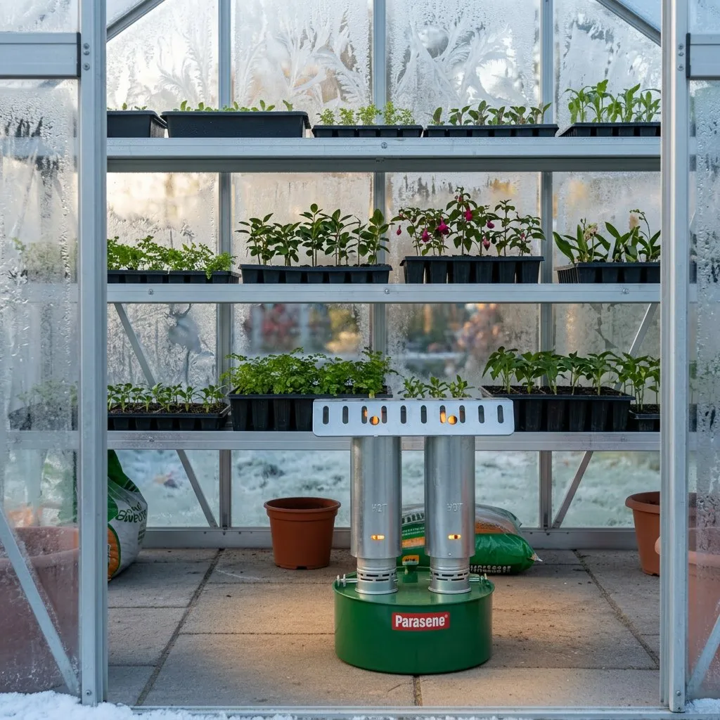 Elite paraffin heater in a frosty greenhouse
