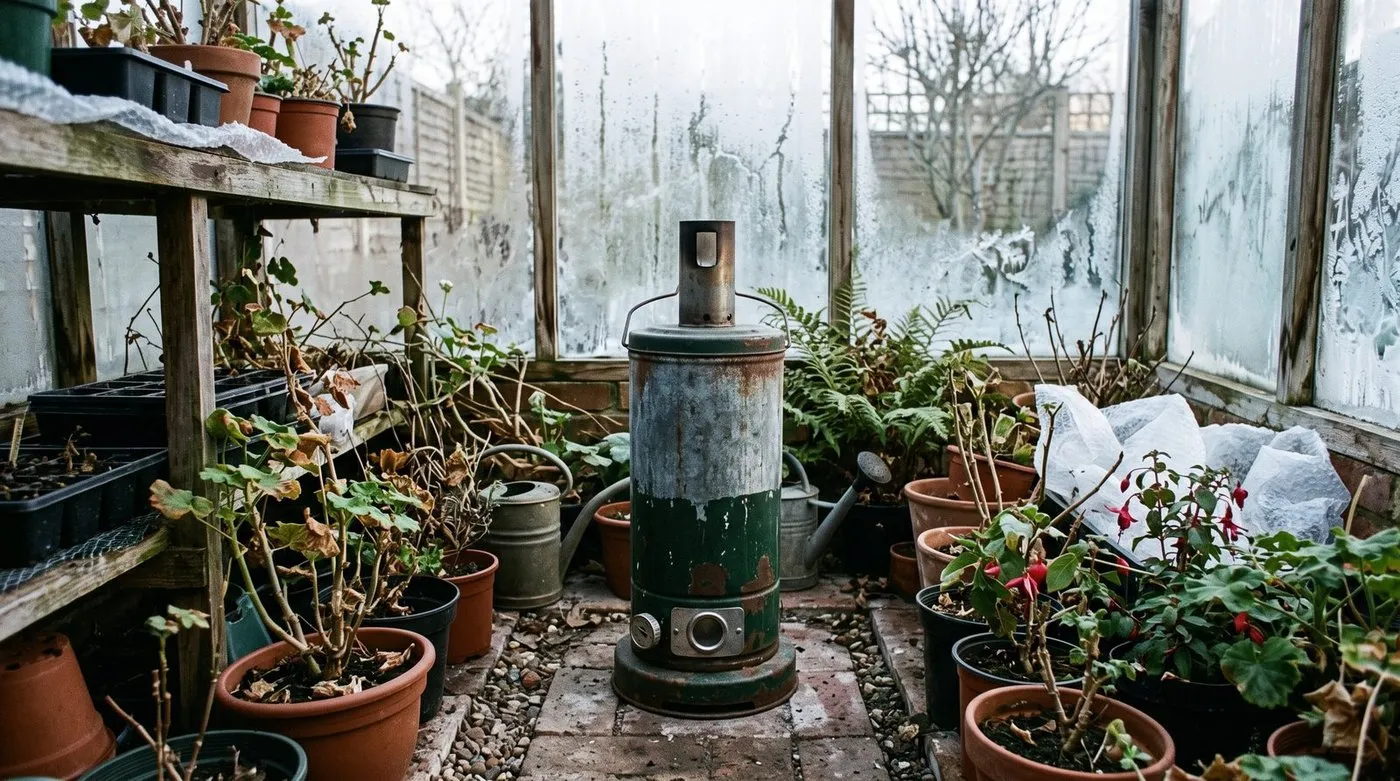 A paraffin heater in a frosty greenhouse