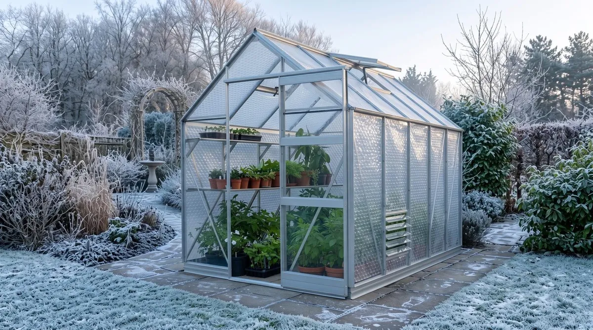 Winter greenhouse with heating and insulation protecting tender plants from frost