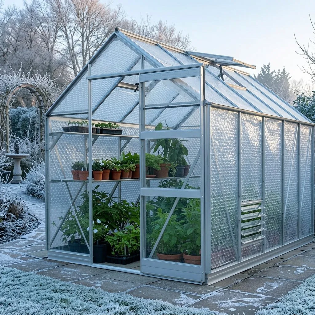 Winter greenhouse with heating and insulation protecting tender plants from frost