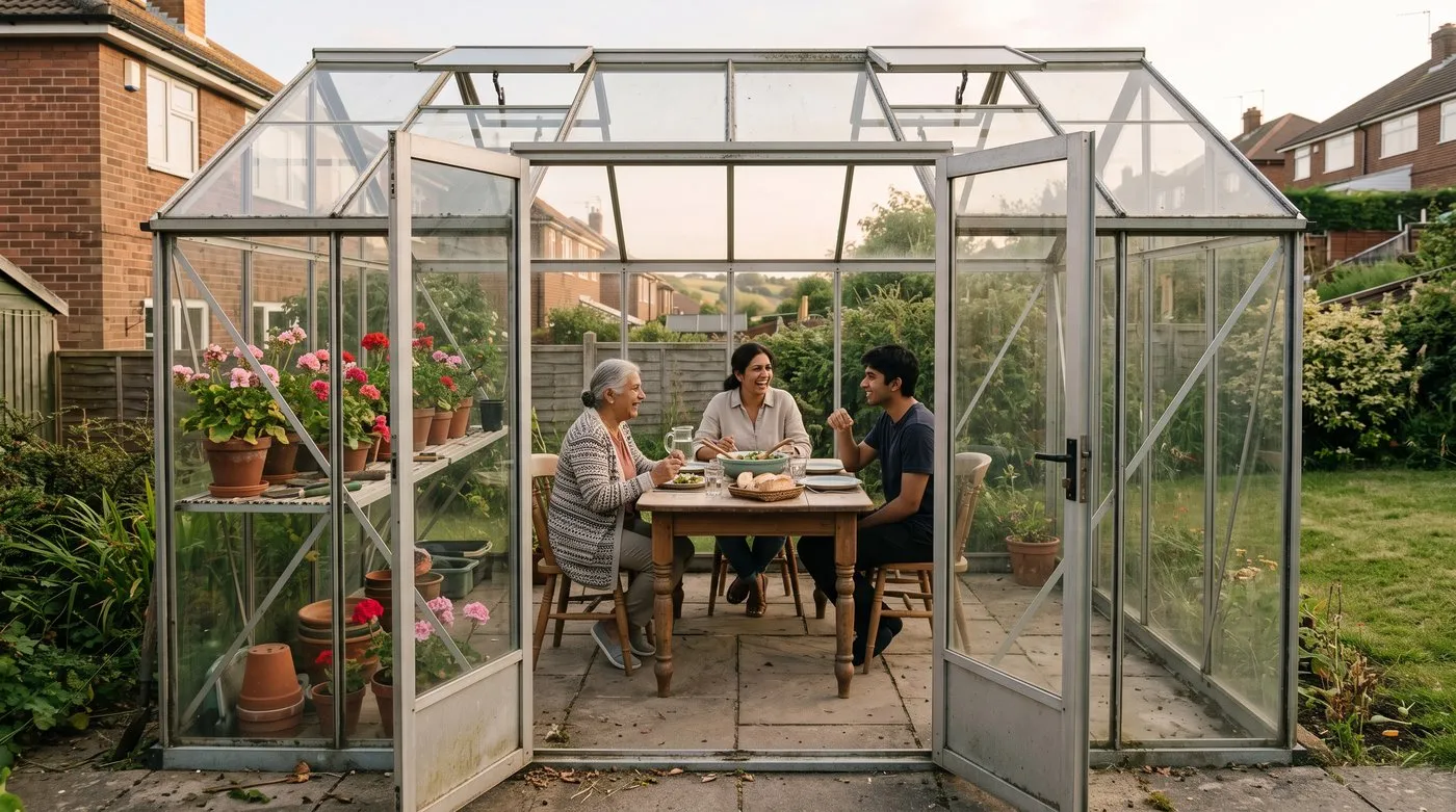 Family eating an evening meal at a table inside a large greenhouse with open vents and potted plants