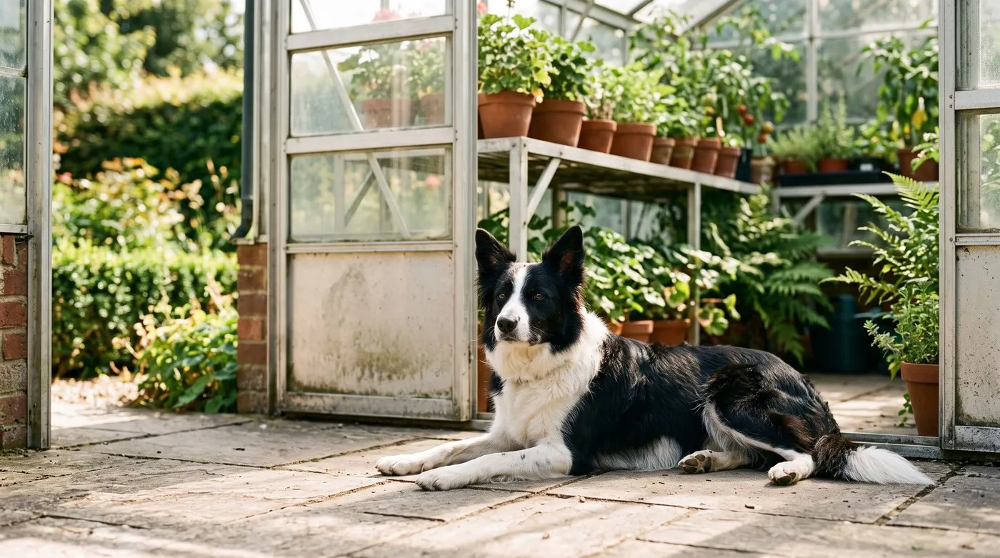 A border collie lying on a slab floor inside a greenhouse doorway beside staging and pots in a Kent suburban garden