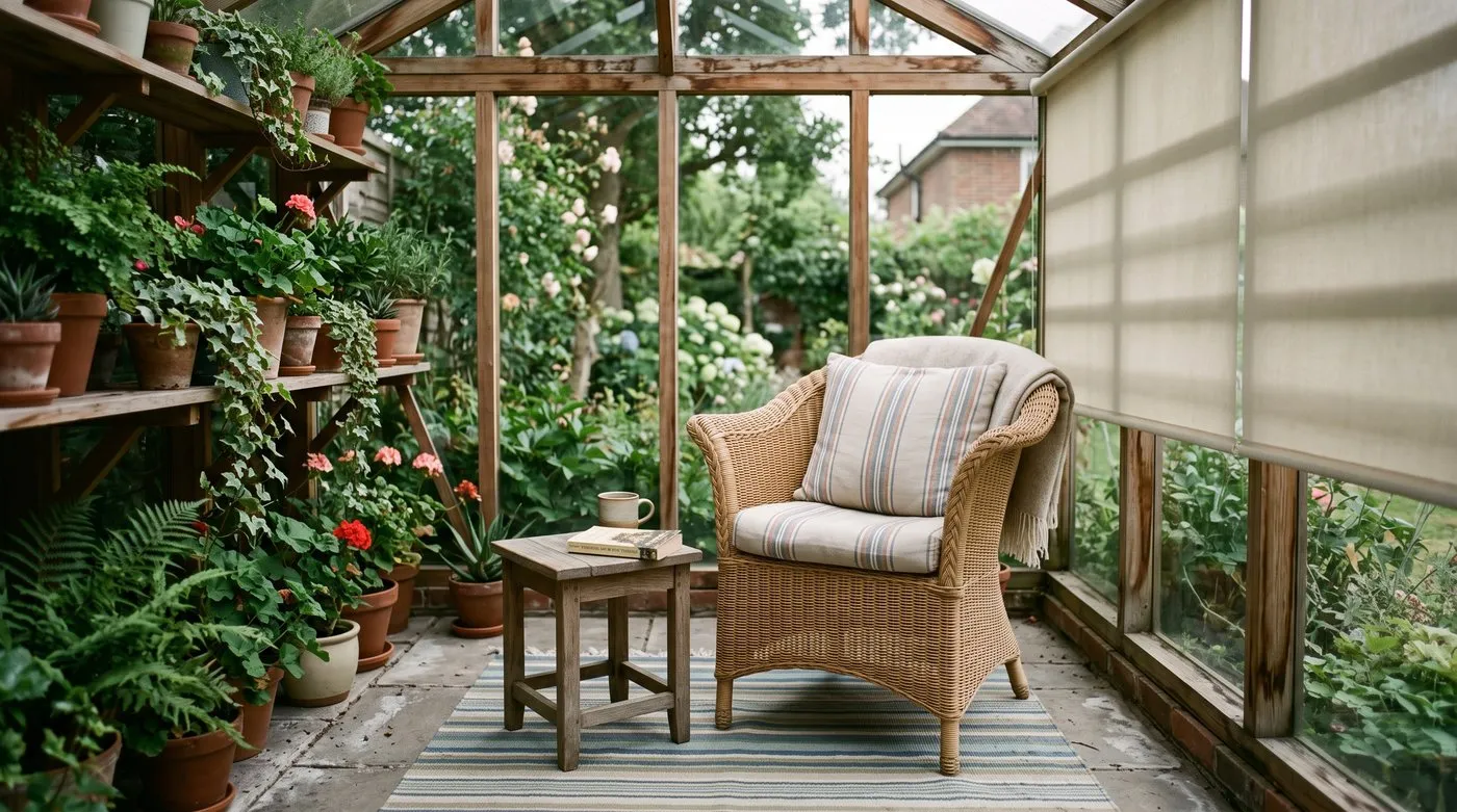 A greenhouse converted into a garden reading room in a Kent suburban garden, with a wicker chair, side table, rug and shelved plants