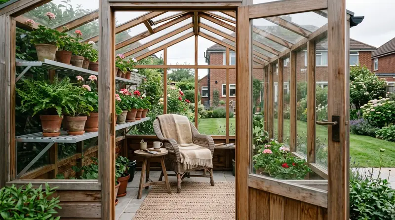 A greenhouse used as a garden seating room in a Kent suburban garden, with a wicker chair, rug and shelved plants under glass