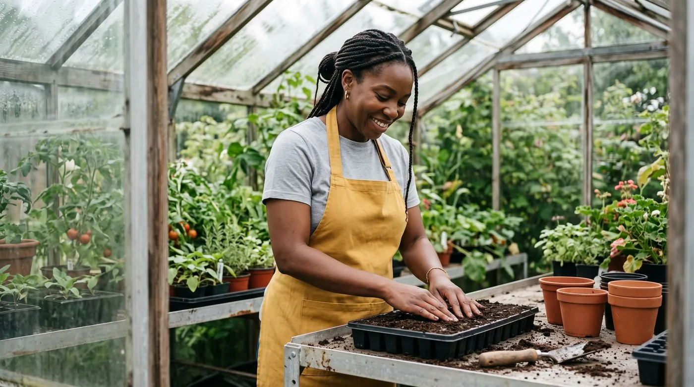 A Black British woman in her 30s working at a potting station inside a greenhouse, filling module trays on aluminium staging