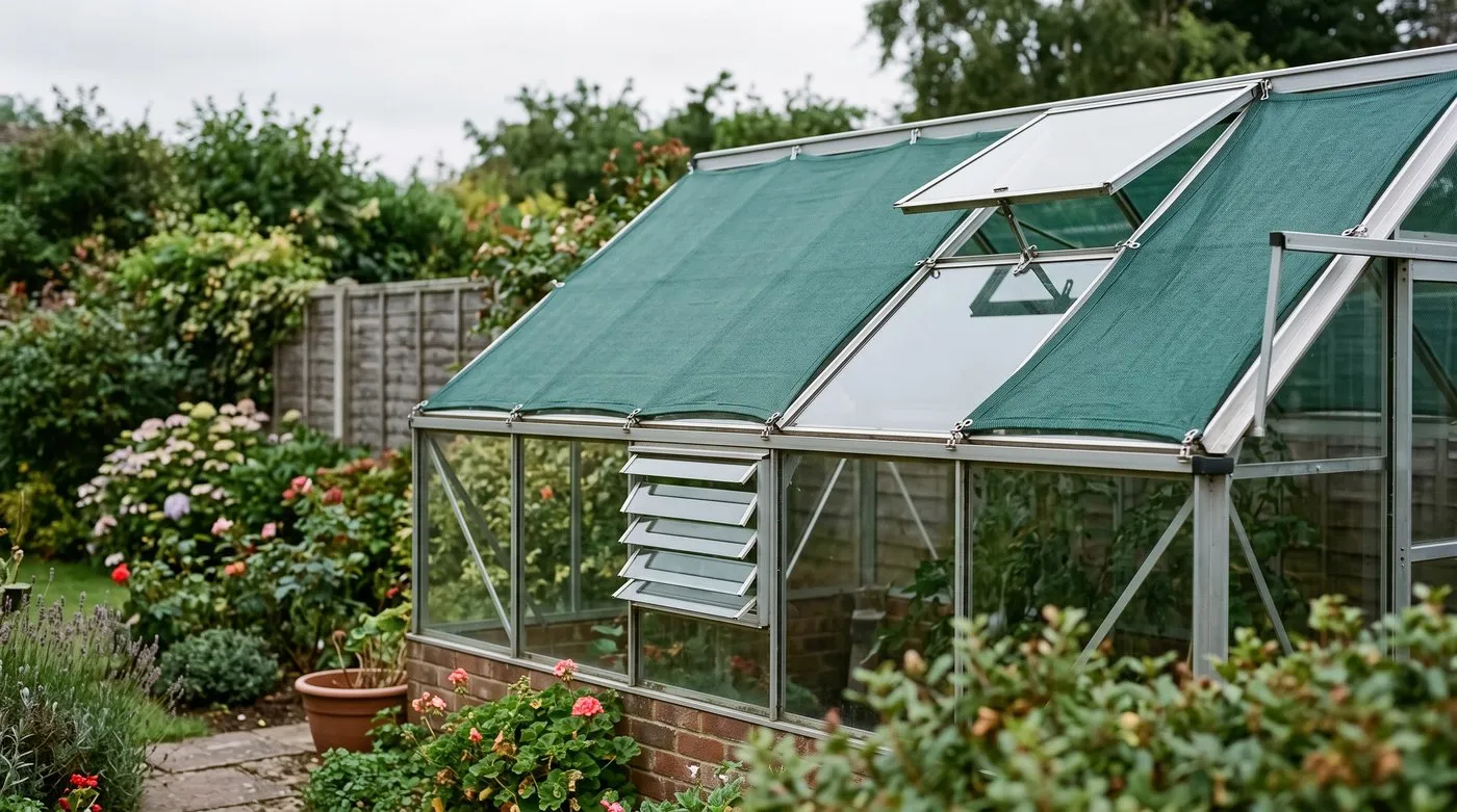 Roof vent open on an aluminium greenhouse with external shade mesh on the south-facing glass, seen from the garden