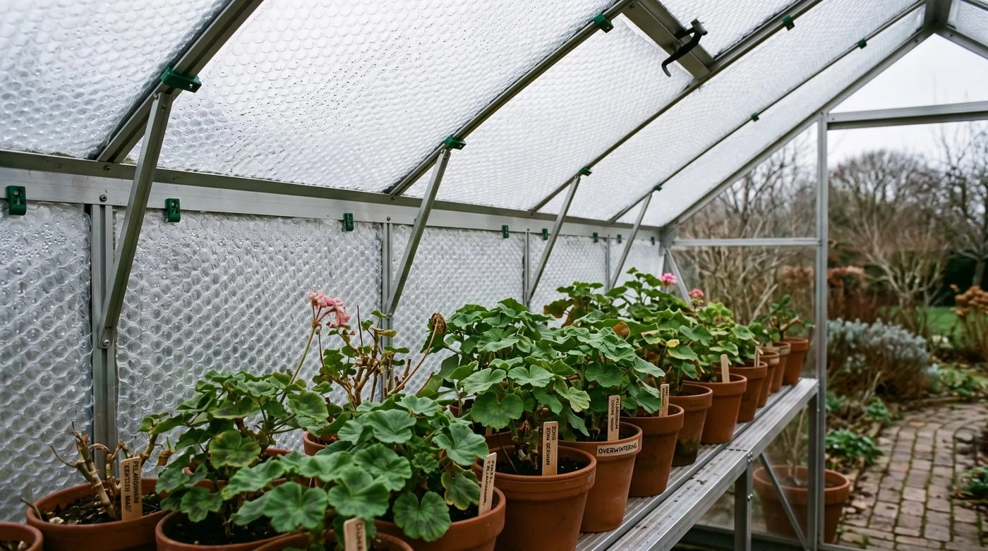 Bubble insulation clipped to the inside of an aluminium greenhouse frame with overwintering pelargoniums on the staging