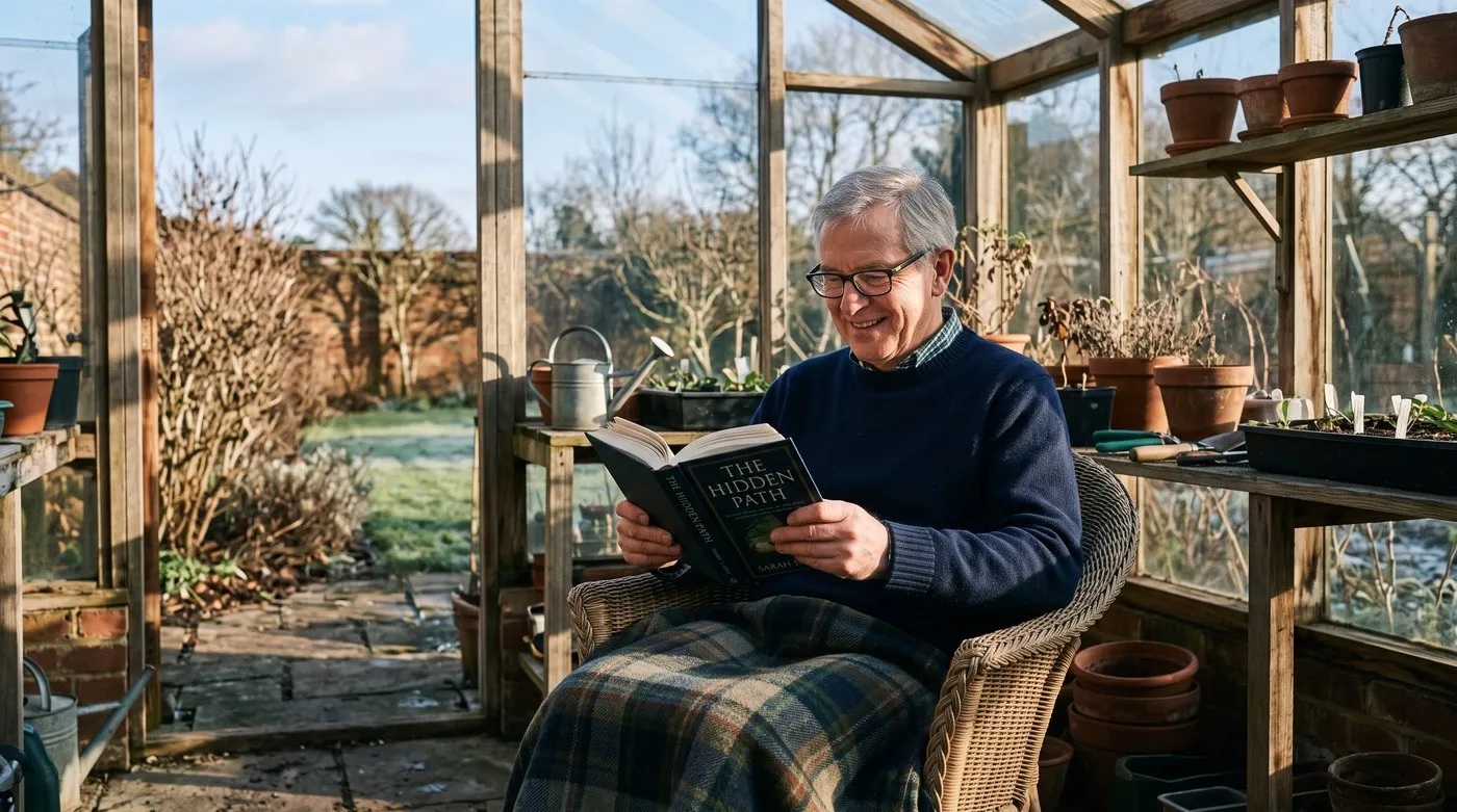A white British man in his 60s reading a book in a wicker chair inside a greenhouse seating area on a bright winter afternoon