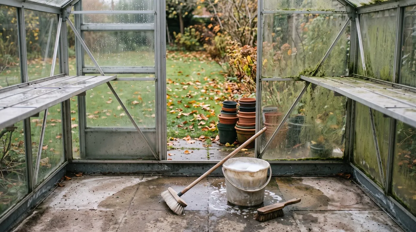 Greenhouse half way through an autumn clean with scrubbed staging and some glass still green with algae
