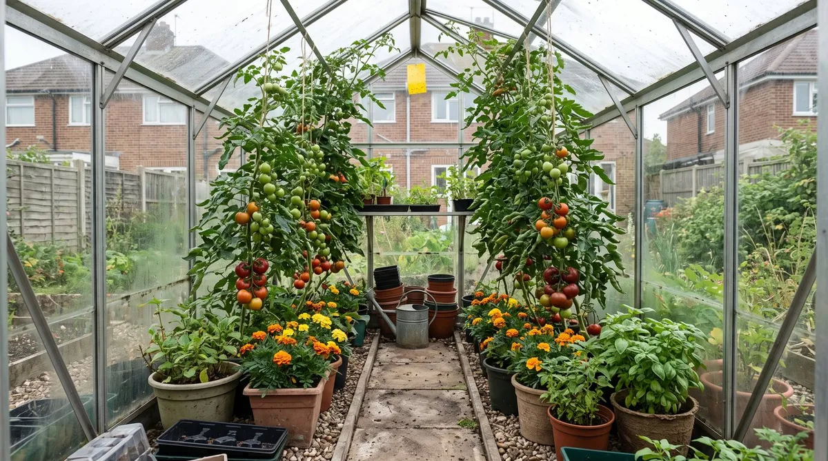 Healthy cordon tomatoes in a UK greenhouse with French marigolds, basil and a yellow sticky trap among the leaves