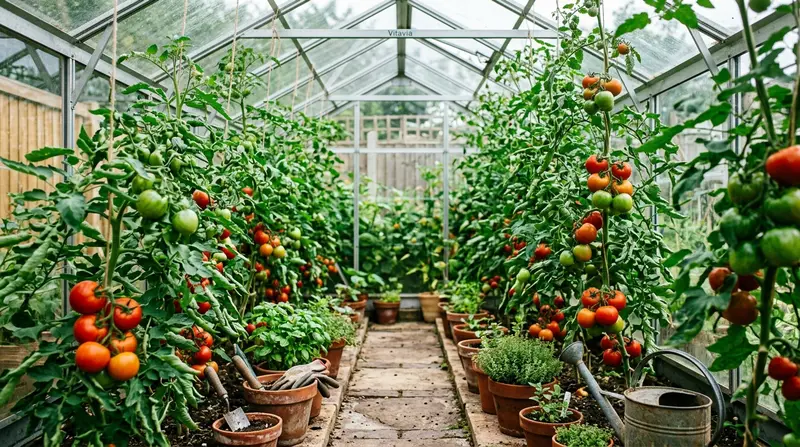 Healthy tomato plants in a UK greenhouse with yellow sticky traps and Encarsia formosa cards visible above the leaves