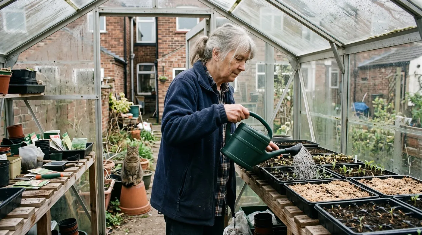 Woman watering nematodes onto greenhouse seed trays while a tabby cat sits in the doorway