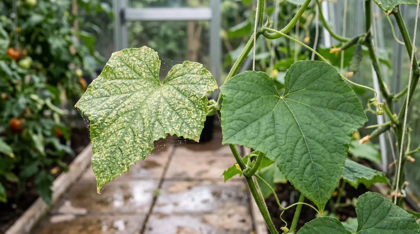Cucumber leaf with pale speckled mottling and fine webbing from red spider mite beside a healthy leaf