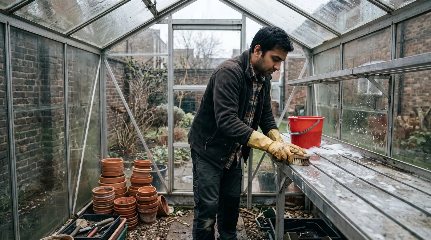 Gardener scrubbing the frame and staging of an empty greenhouse with soapy water in winter