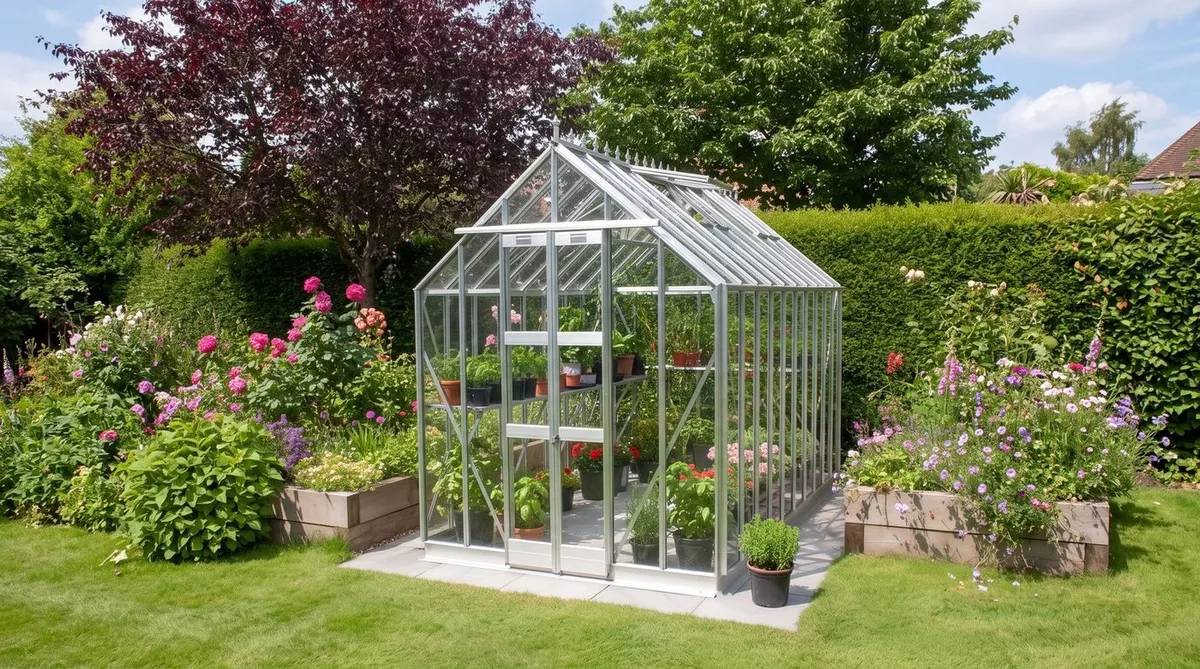 Elite Thyme 6x10 aluminium greenhouse in a UK garden surrounded by flowering plants