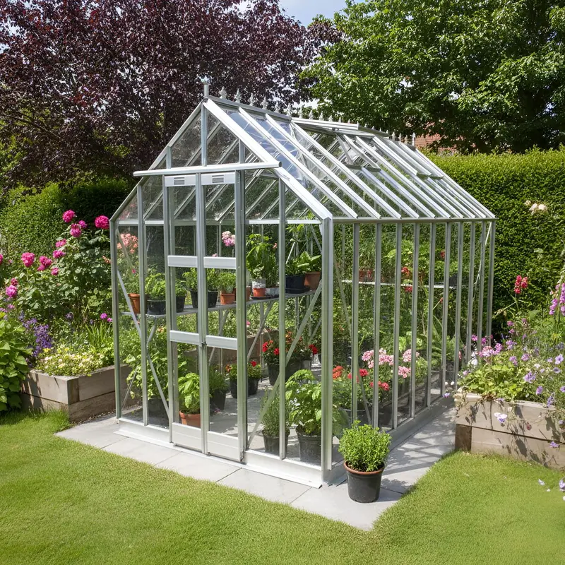 Elite Thyme 6x10 aluminium greenhouse in a UK garden surrounded by flowering plants