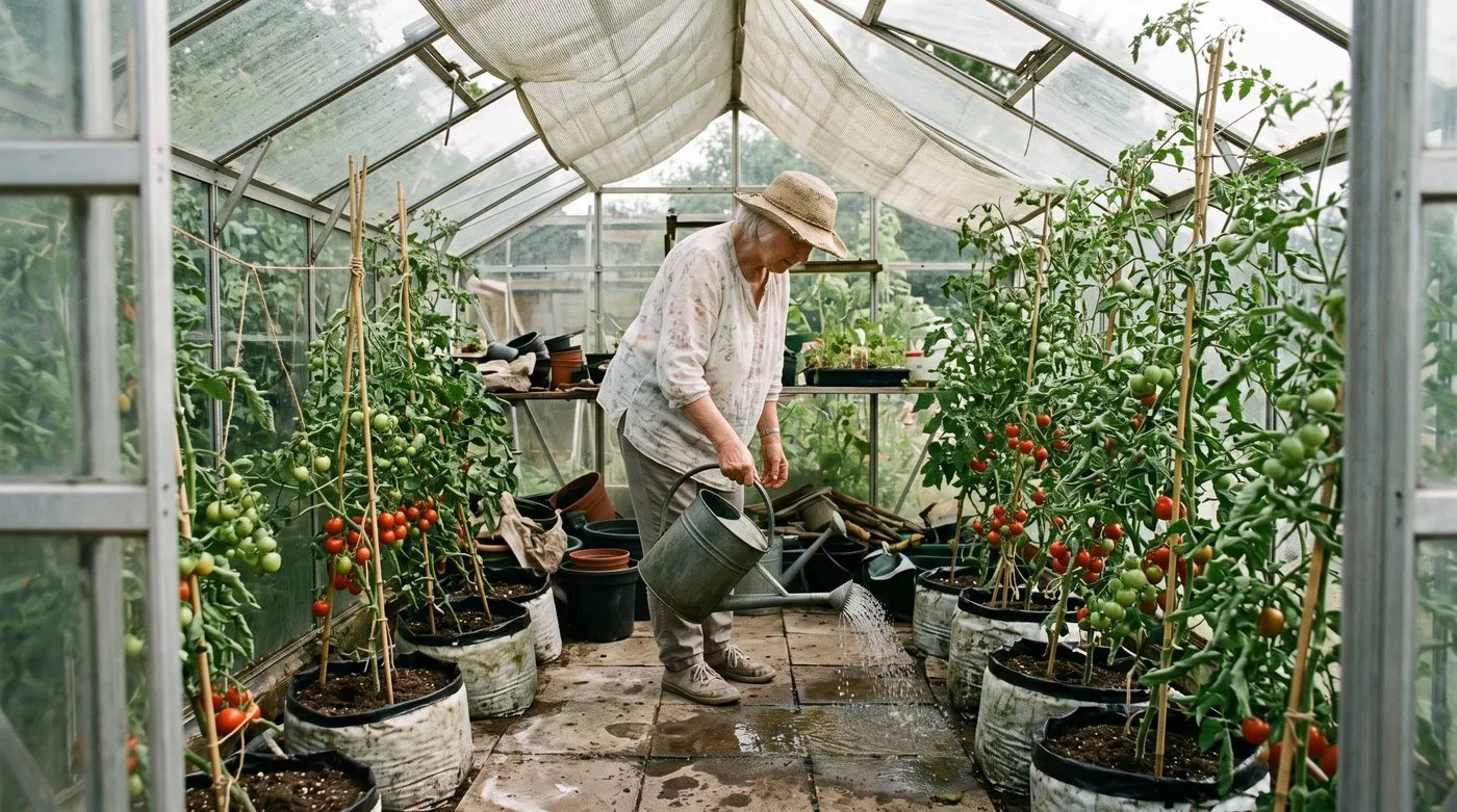 Older woman damping down a greenhouse floor among tomato plants with roof vents open on a hot day