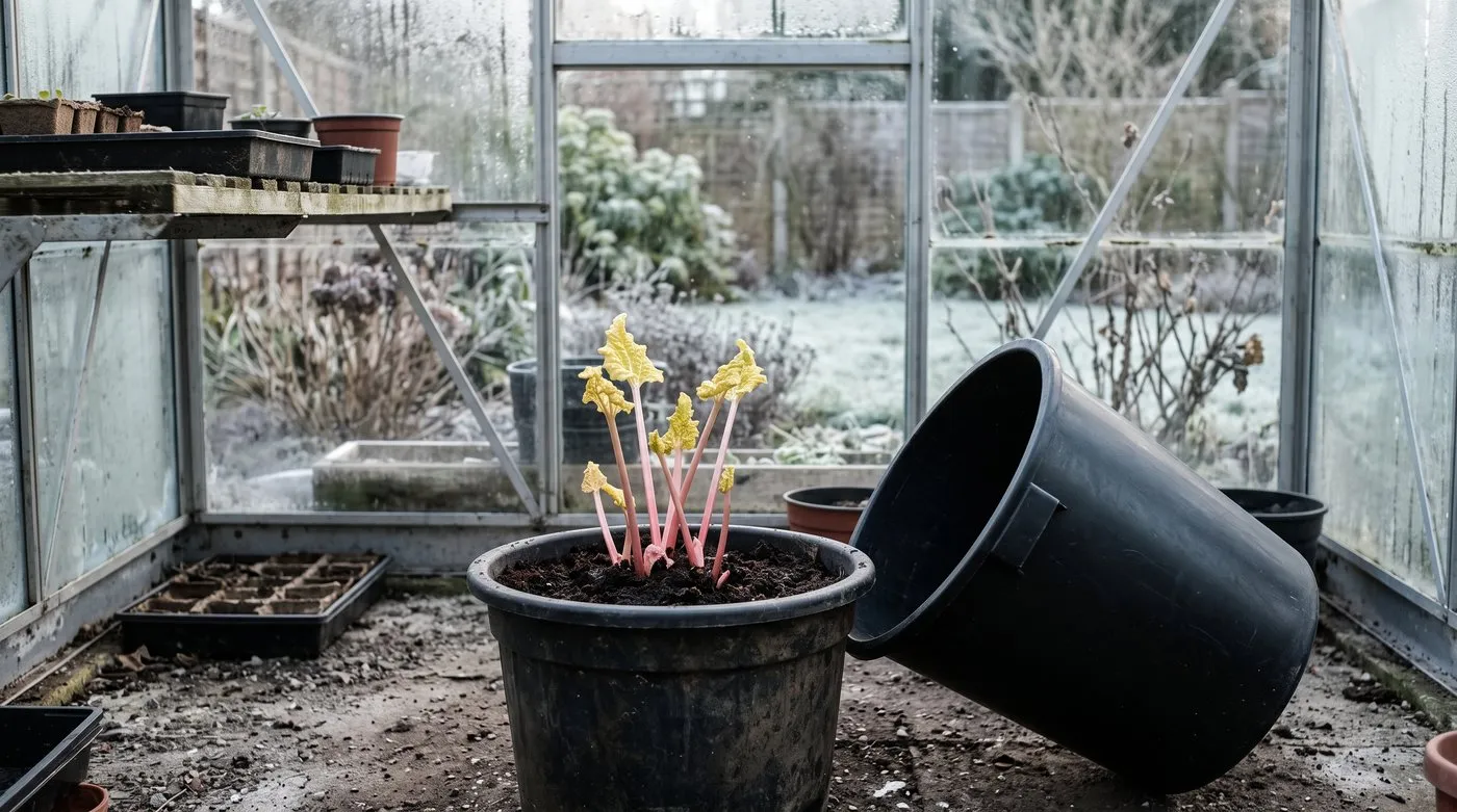 Pale pink forced rhubarb stems revealed under an upturned bin in a greenhouse in January