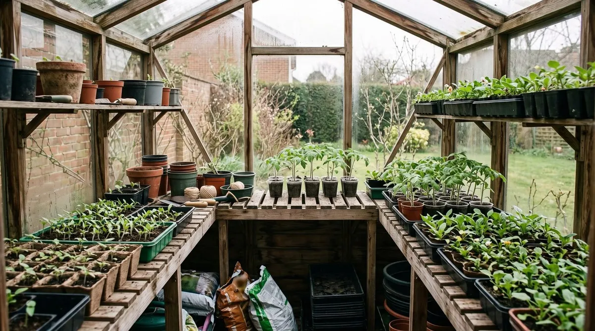 Spring greenhouse interior filled with seed trays and early seedlings