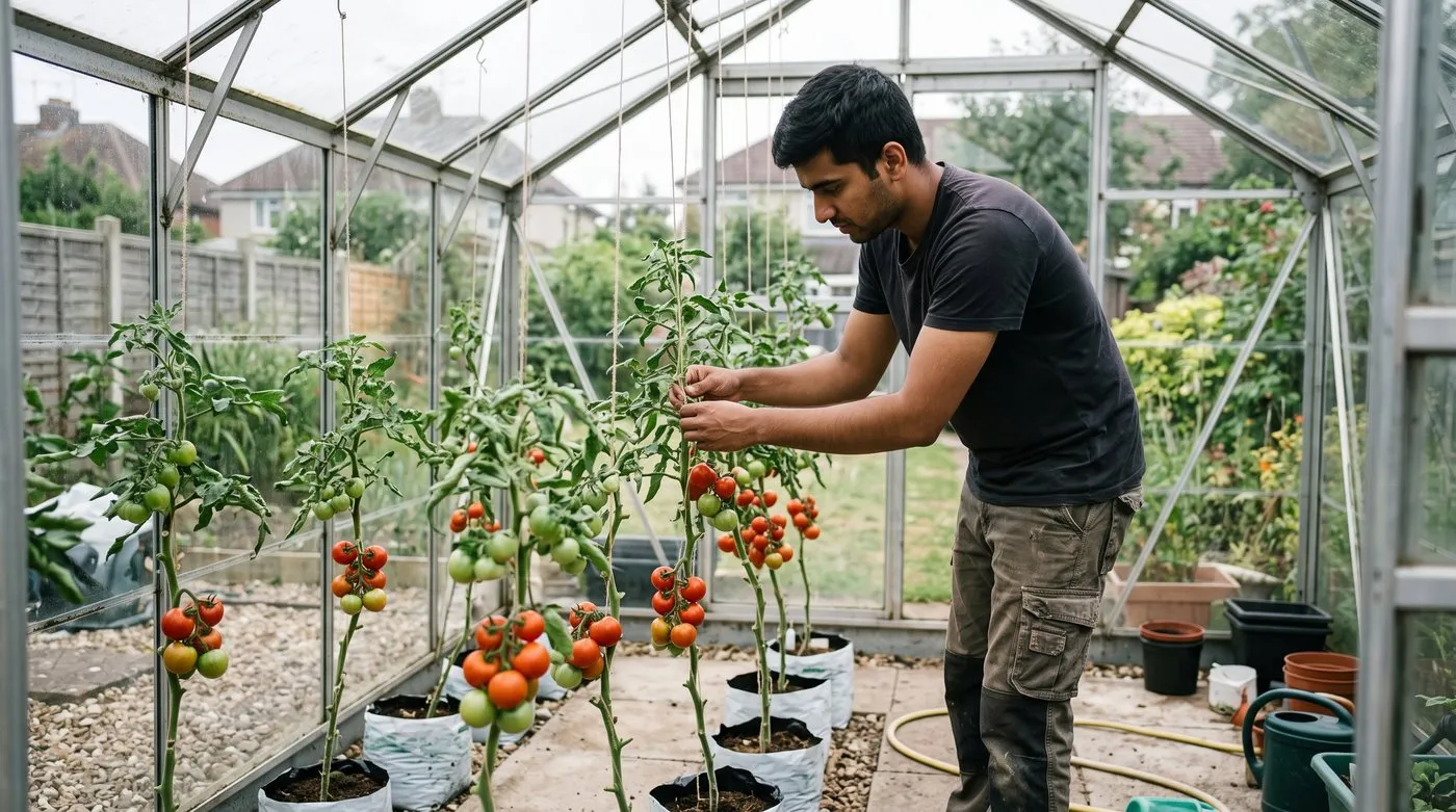 Young man twisting a cordon tomato stem around its support string in a greenhouse with ripening trusses