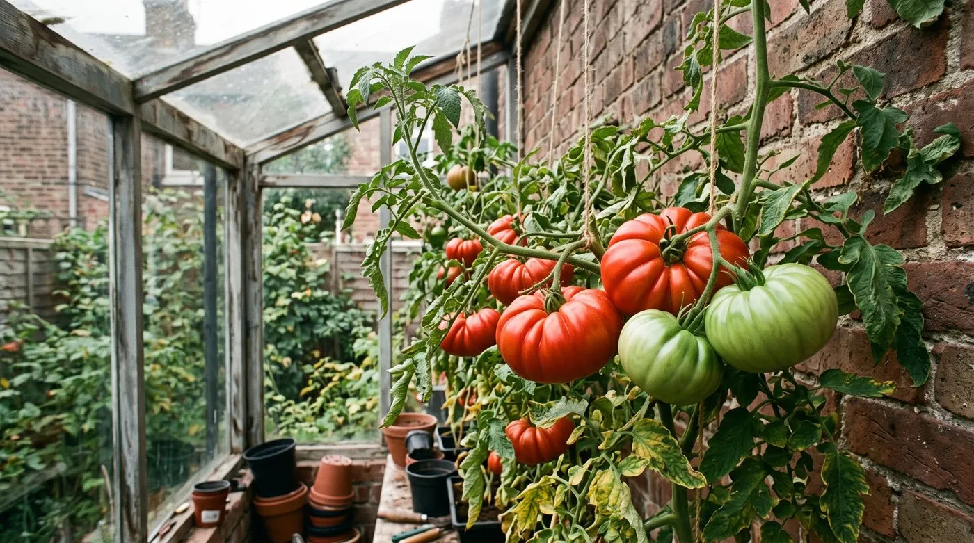 Large ribbed red beefsteak tomatoes ripening on a cordon plant in a sunny lean-to greenhouse