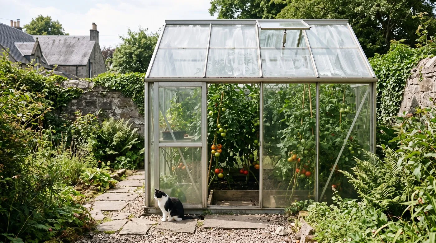 Greenhouse with roof vent and door open on a sunny day, tomato plants inside and a cat on the path