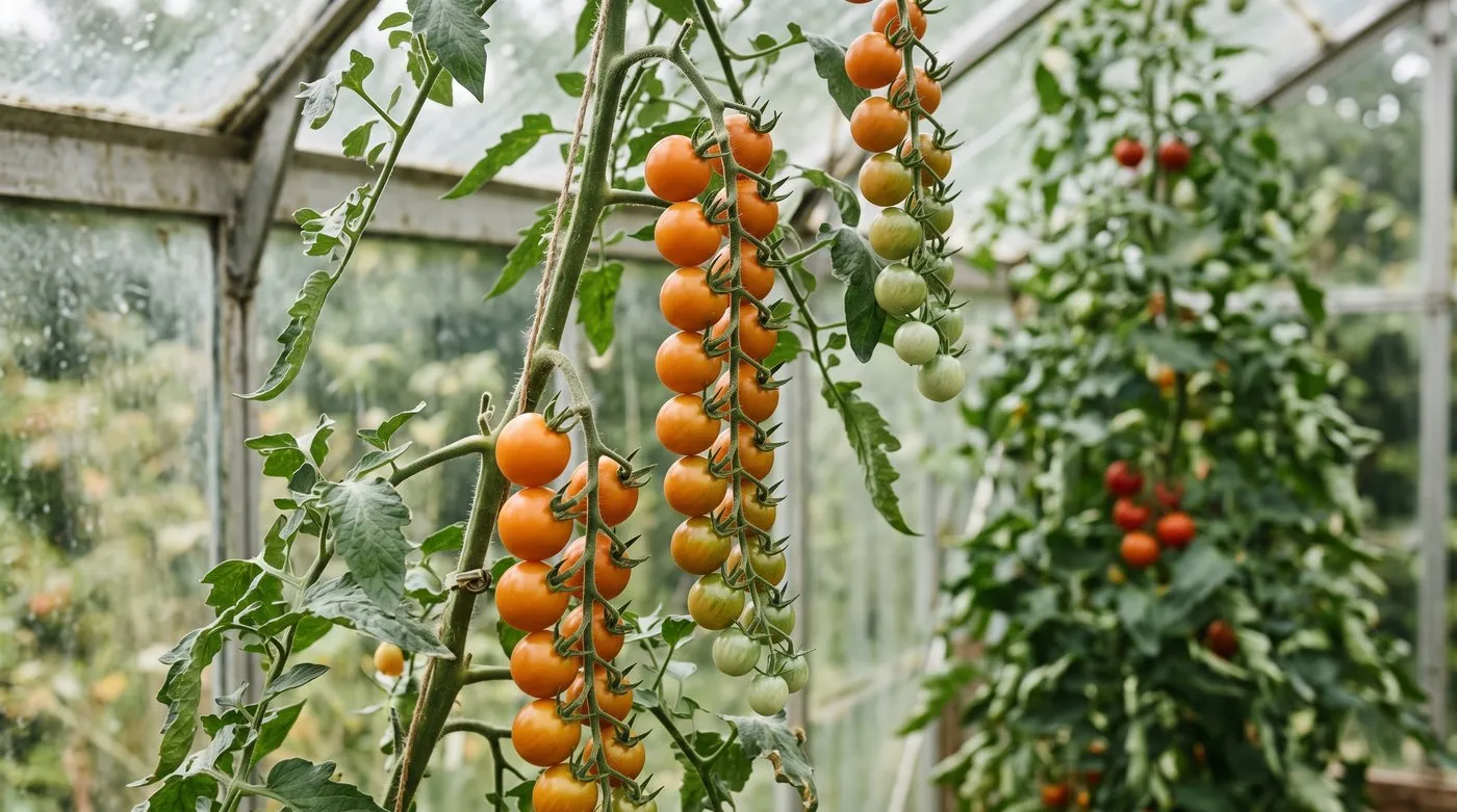 Long trusses of small orange cherry tomatoes ripening on a cordon plant inside a greenhouse