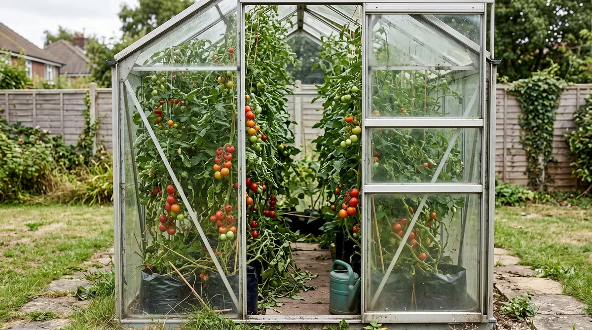Small glass greenhouse lined with cordon tomato plants carrying red and orange fruit in a back garden